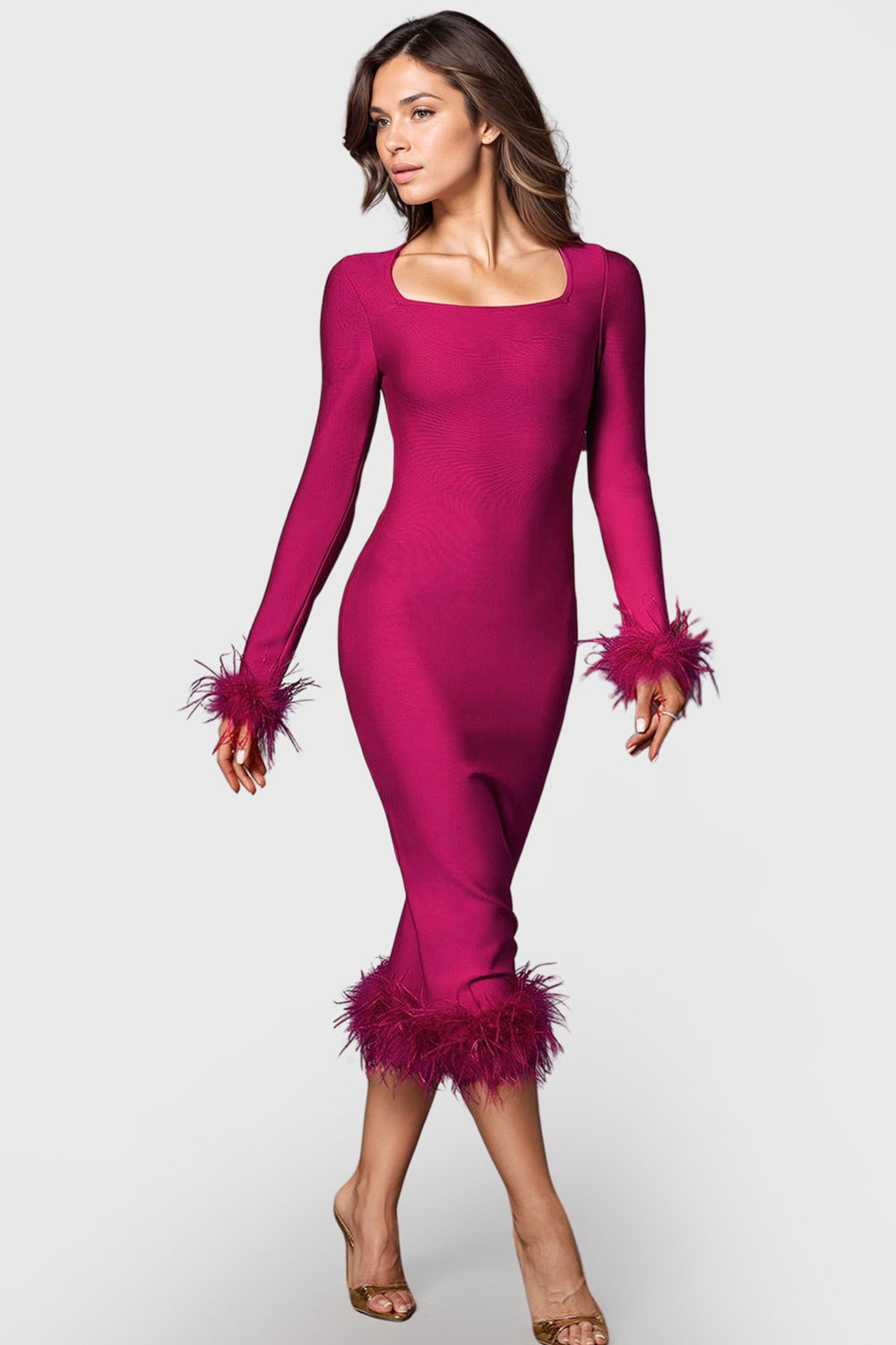 Long Sleeve Midi Dress with Square Neckline and Feathers - Fuchsia