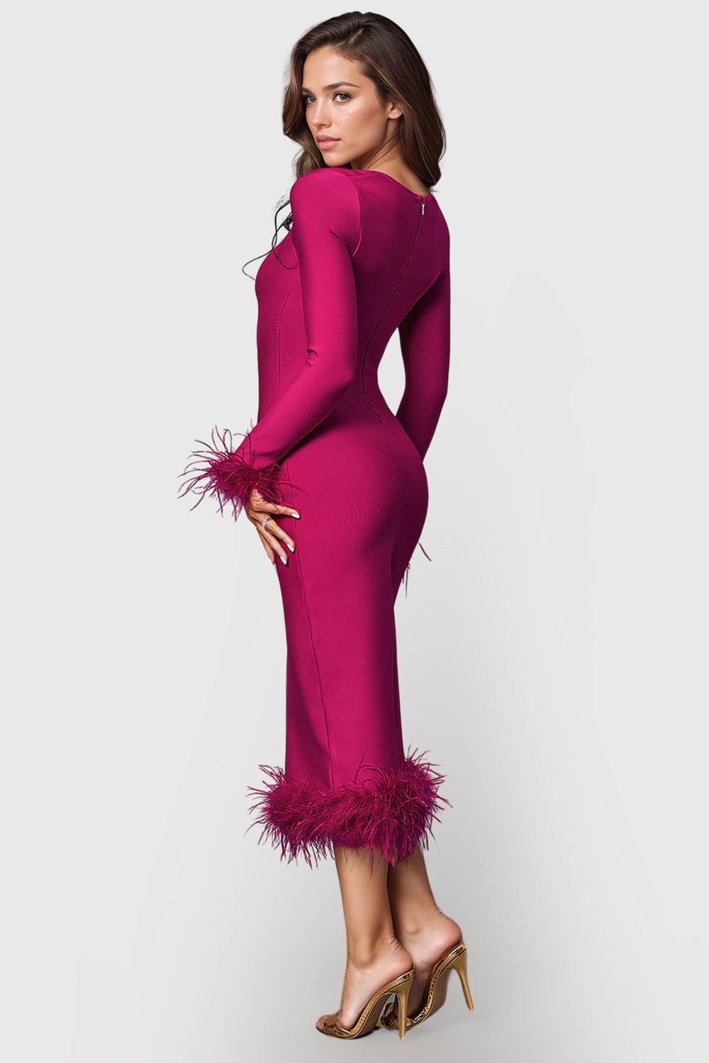 Long Sleeve Midi Dress with Square Neckline and Feathers - Fuchsia