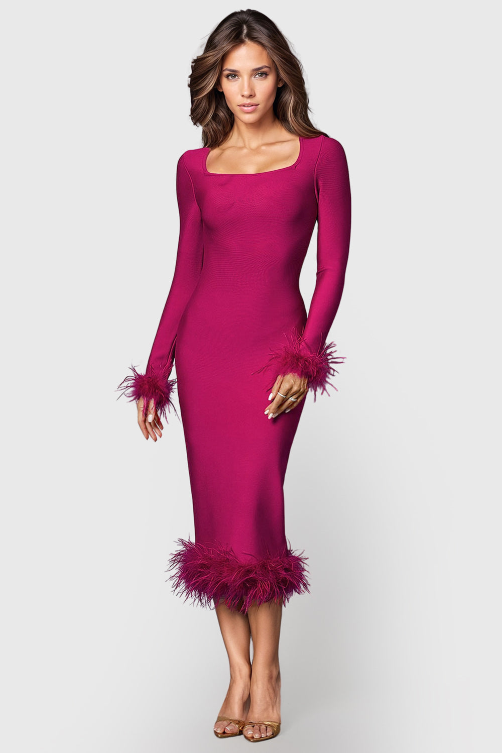 Long Sleeve Midi Dress with Square Neckline and Feathers - Fuchsia