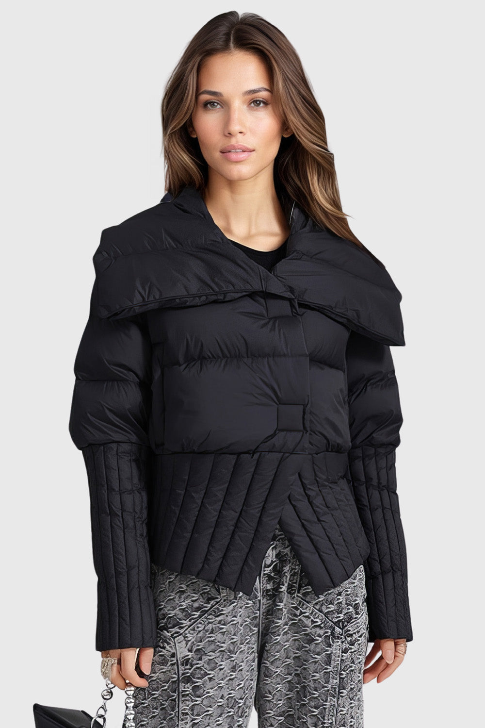 Puffer Jacket with Wide Collar - Black