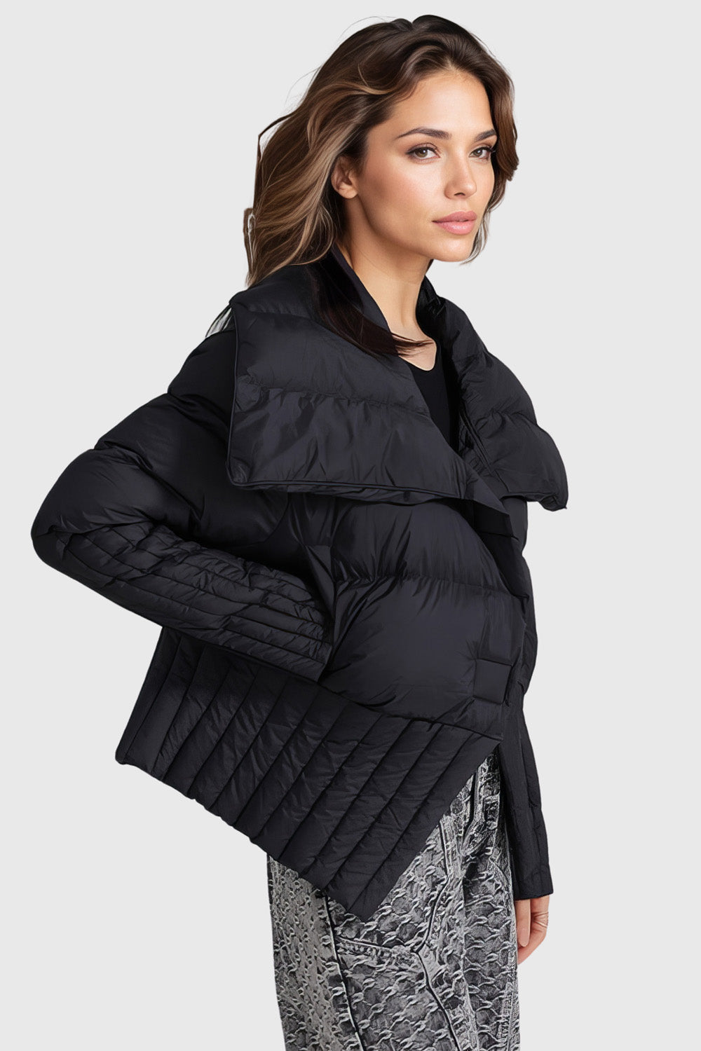 Puffer Jacket with Wide Collar - Black