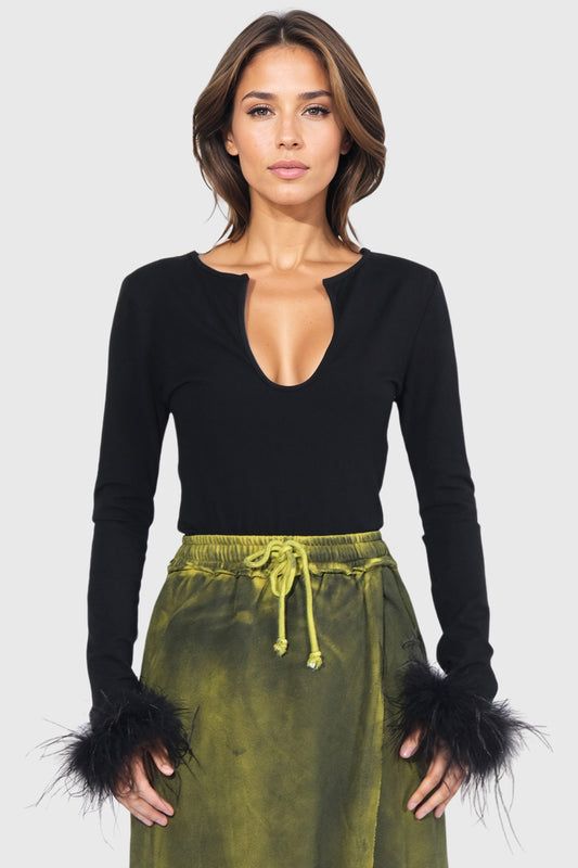 Long Sleeve top with Feather Cuffs - Black