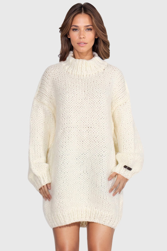 Oversized Knitted Sweater with Round Neckline - White