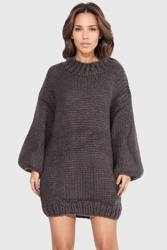 Oversized Knitted Sweater with Round Neckline - Brown