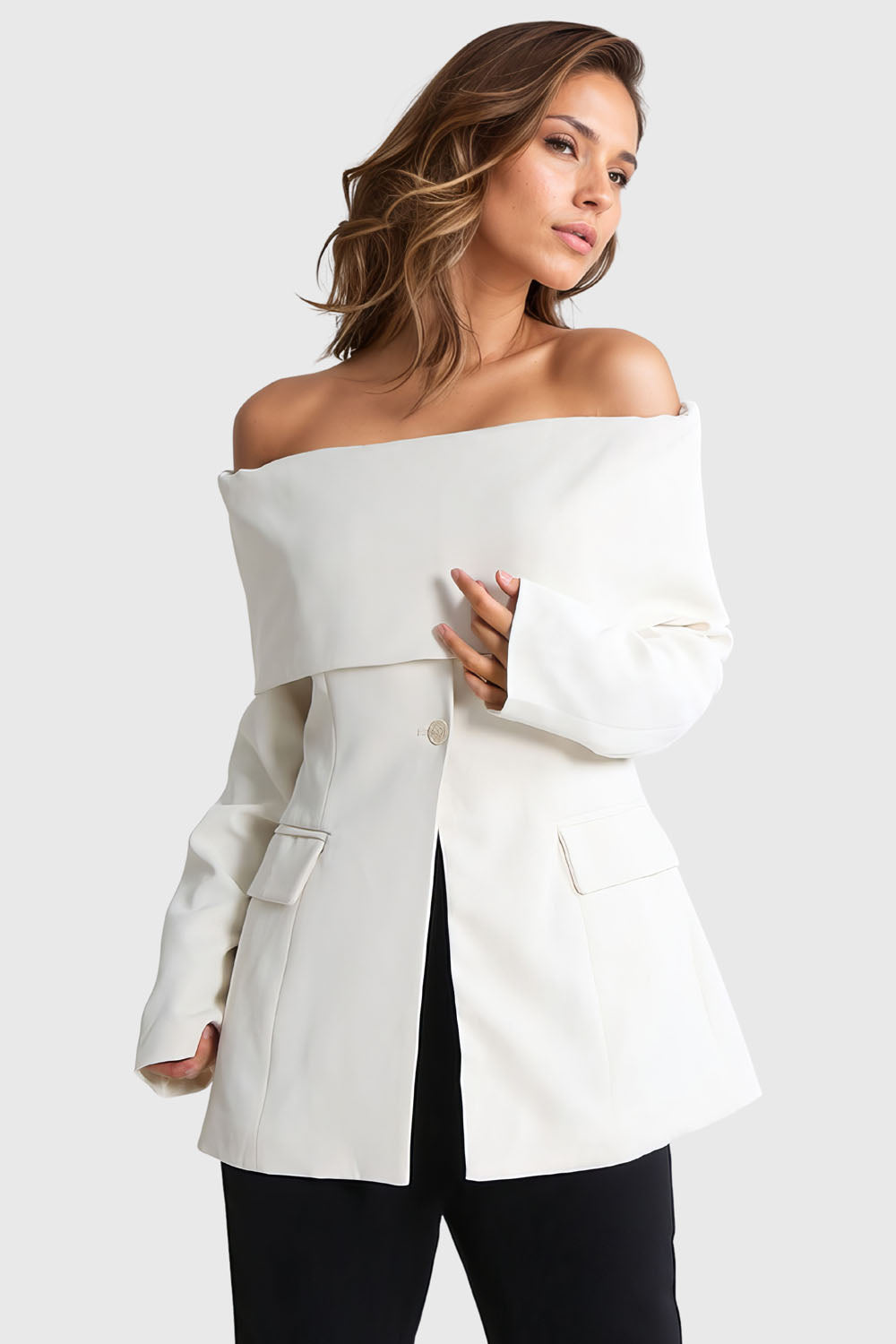 Off Shoulders Long Sleeve Blazer- Light Beige