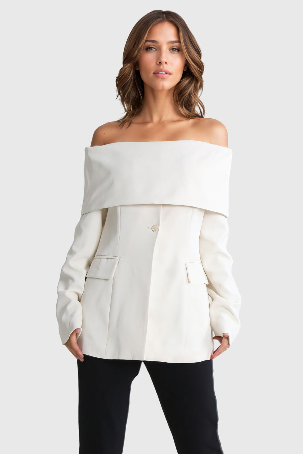 Off Shoulders Long Sleeve Blazer- Light Beige