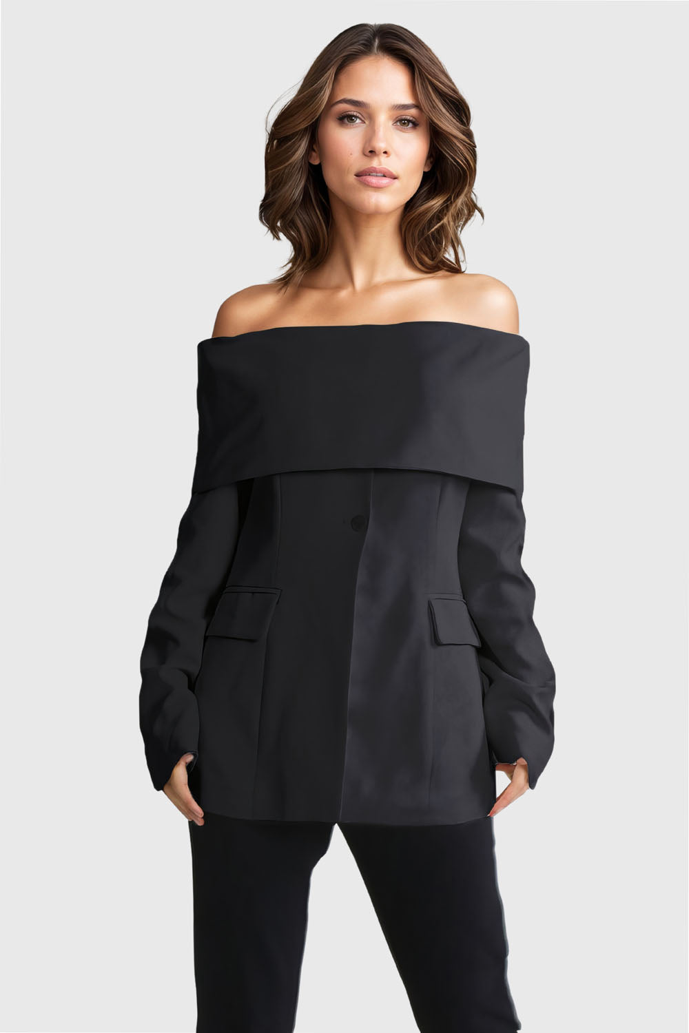 Off Shoulders Long Sleeve Blazer- Black