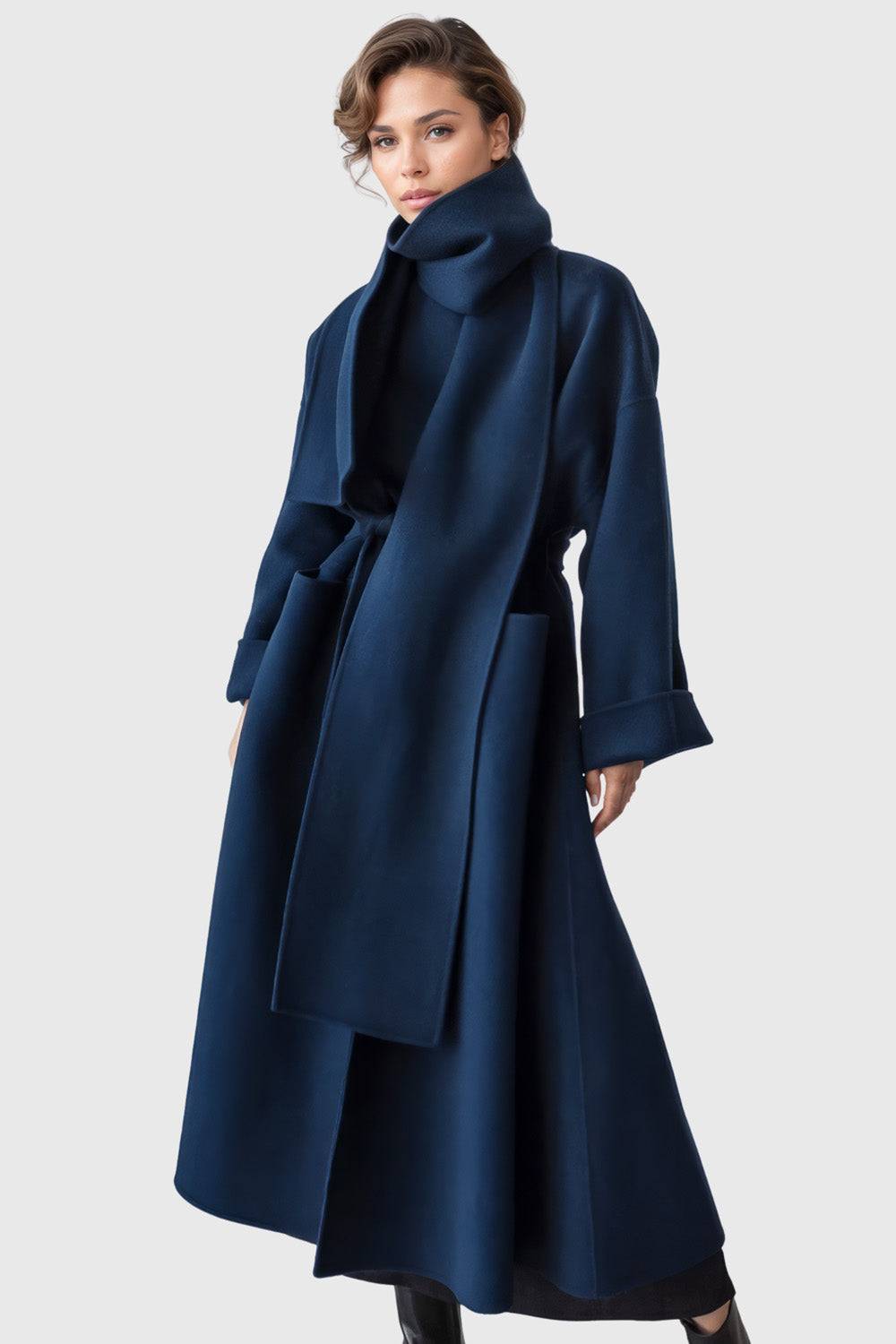 Oversized Long Coat with Belt - Navy Blue