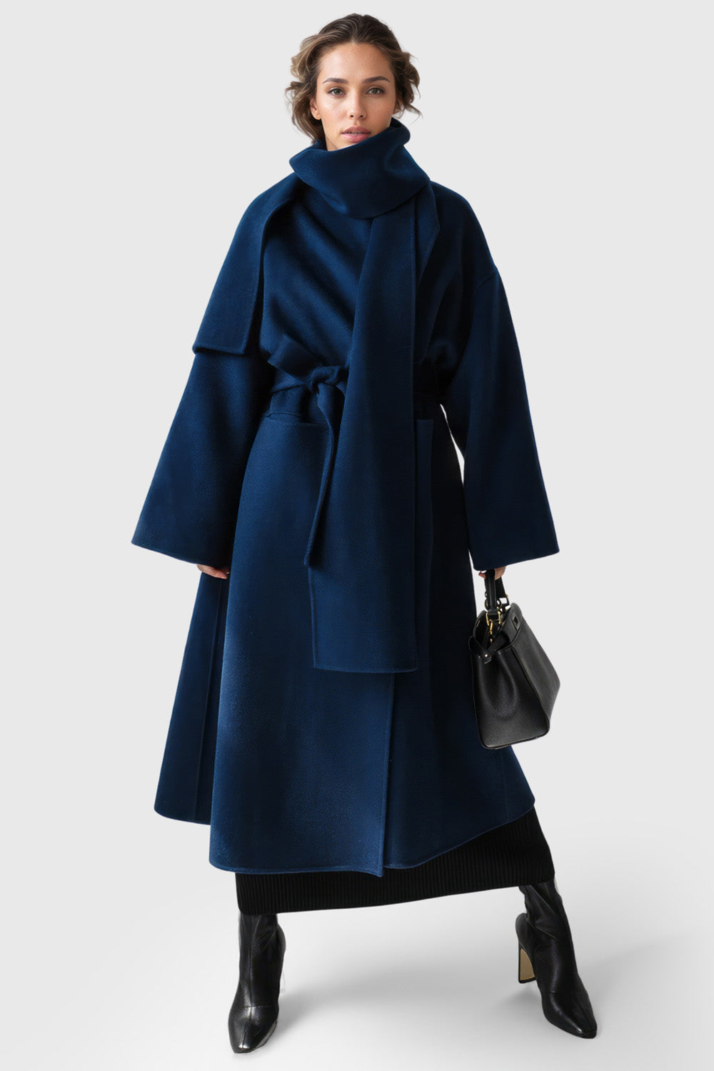 Oversized Long Coat with Belt - Navy Blue