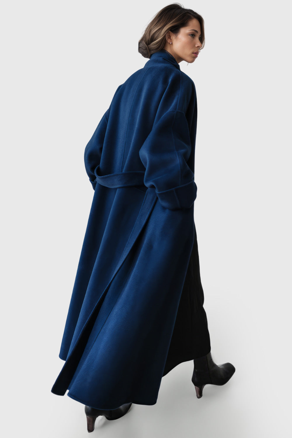 Oversized Long Coat with Belt - Navy Blue