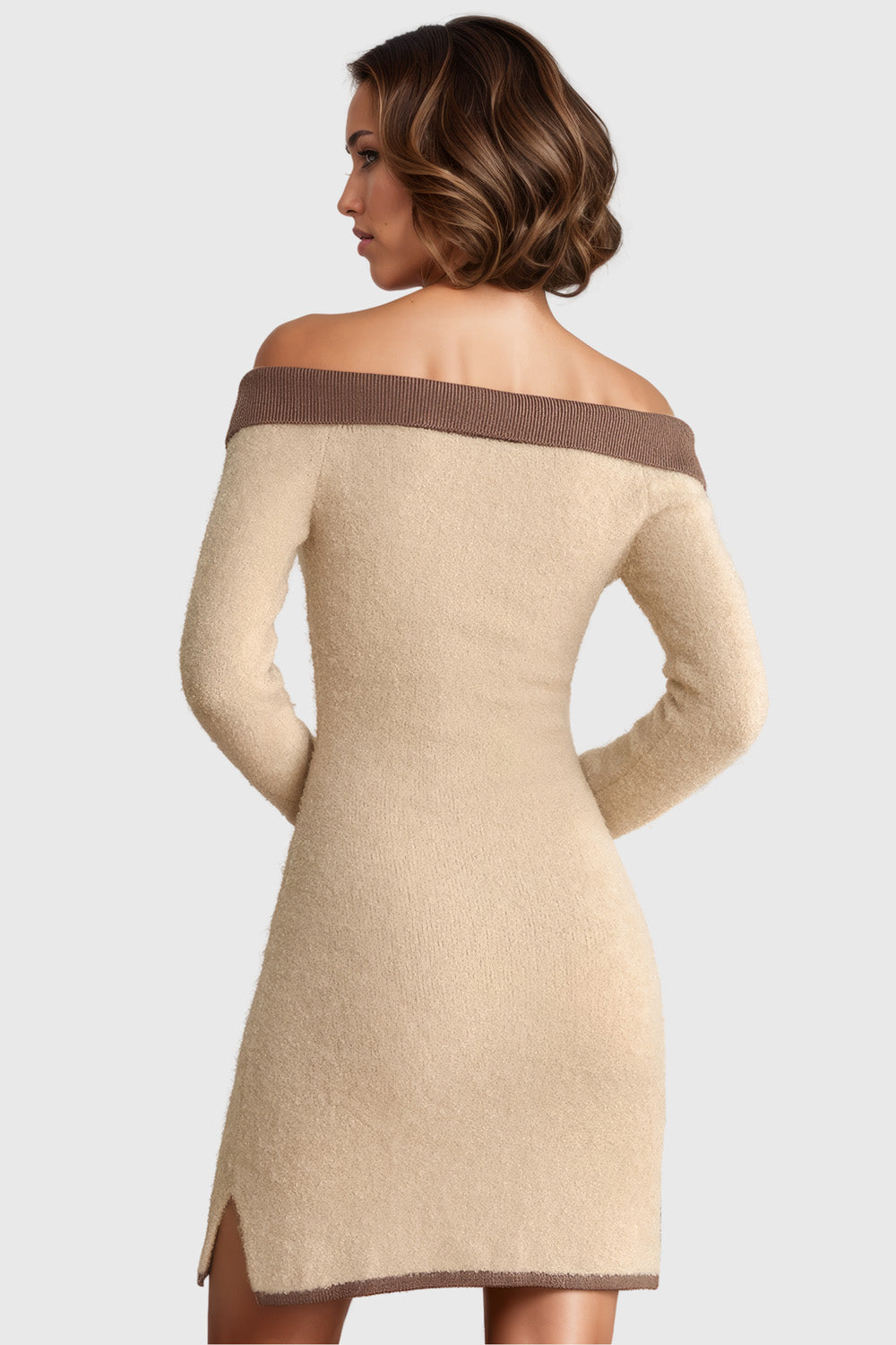 Off Shoulders Knitted Short Dress - Brown