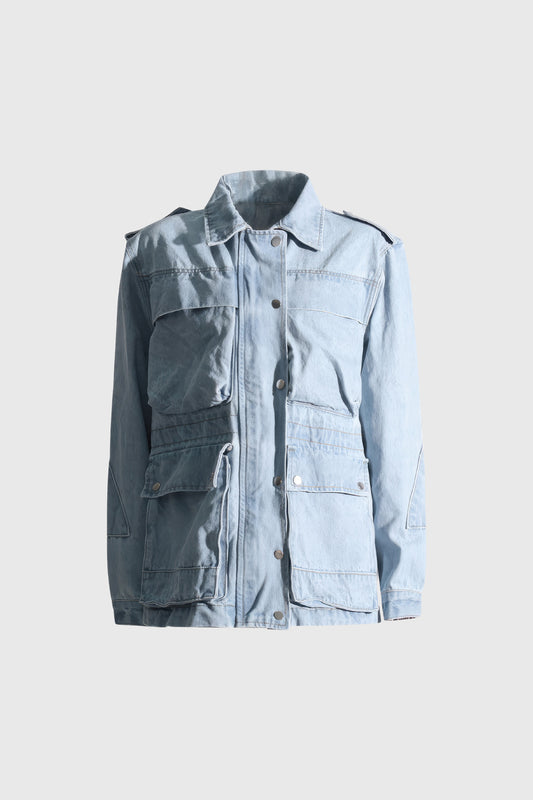 Denim Jacket with Pockets and Elastic Waist - Blue