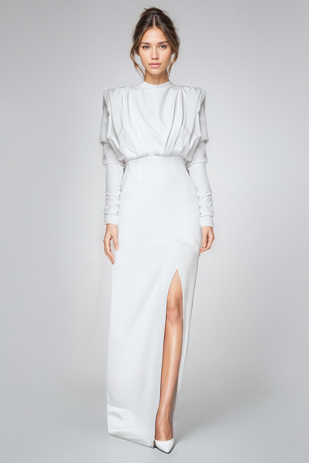 Sophisticated Long-Sleeve Maxi Dress with High Slit - White