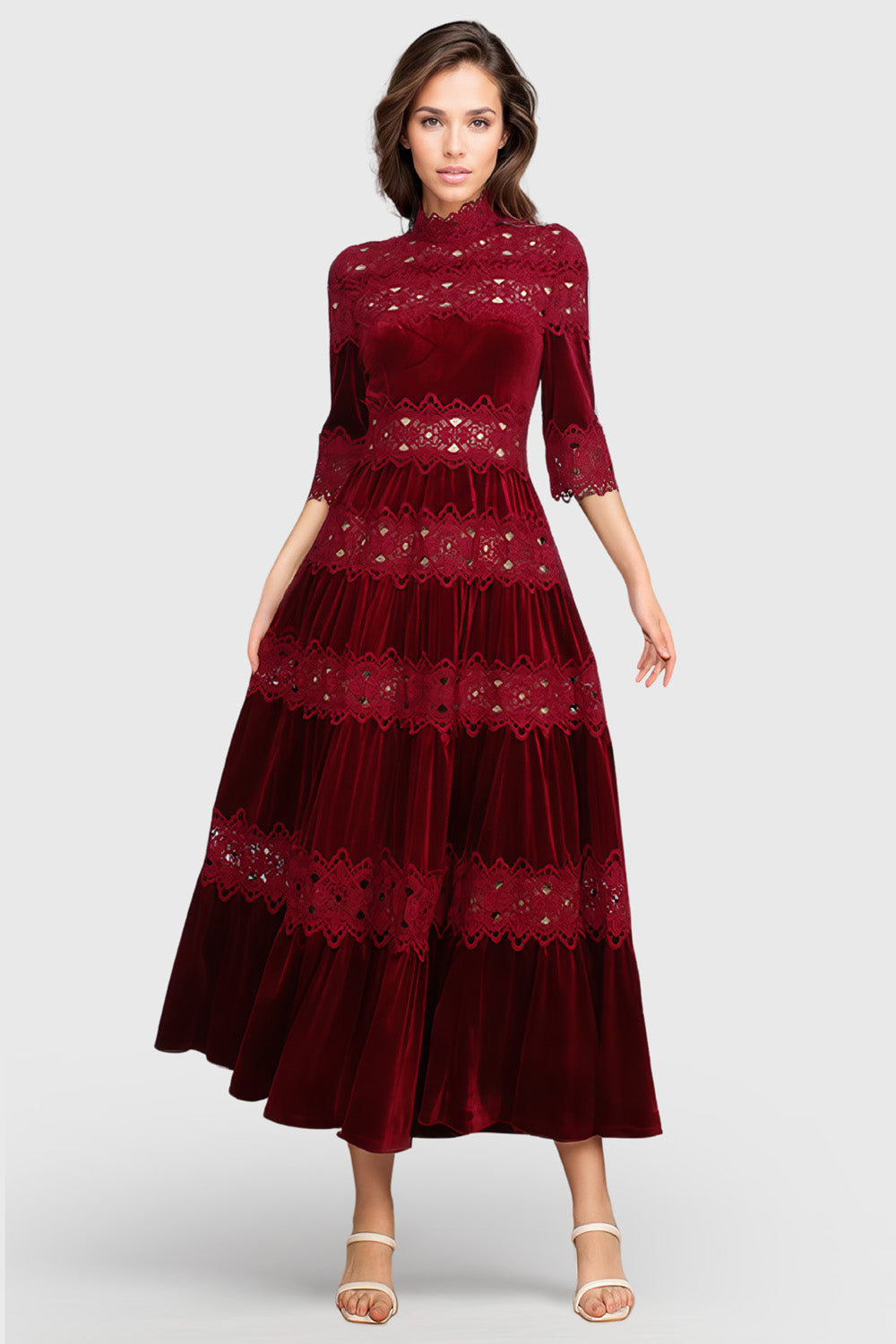 Half Sleeve Maxi Dress with Lace Details - Dark Red