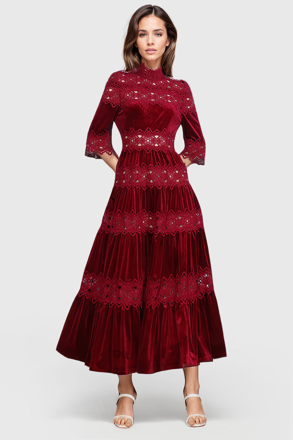 Half Sleeve Maxi Dress with Lace Details - Dark Red