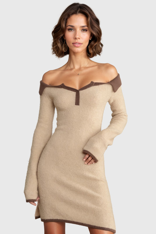 Off Shoulders Knitted Short Dress - Brown