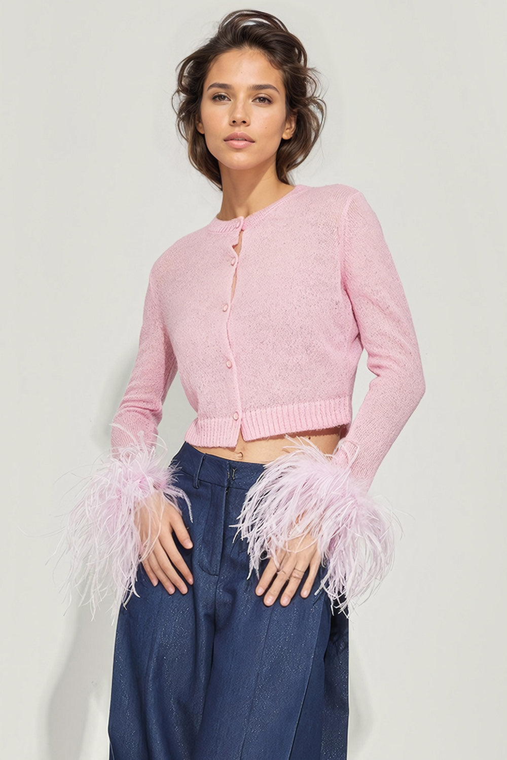 Short Cardigan with Feathered Cuffs - Pink