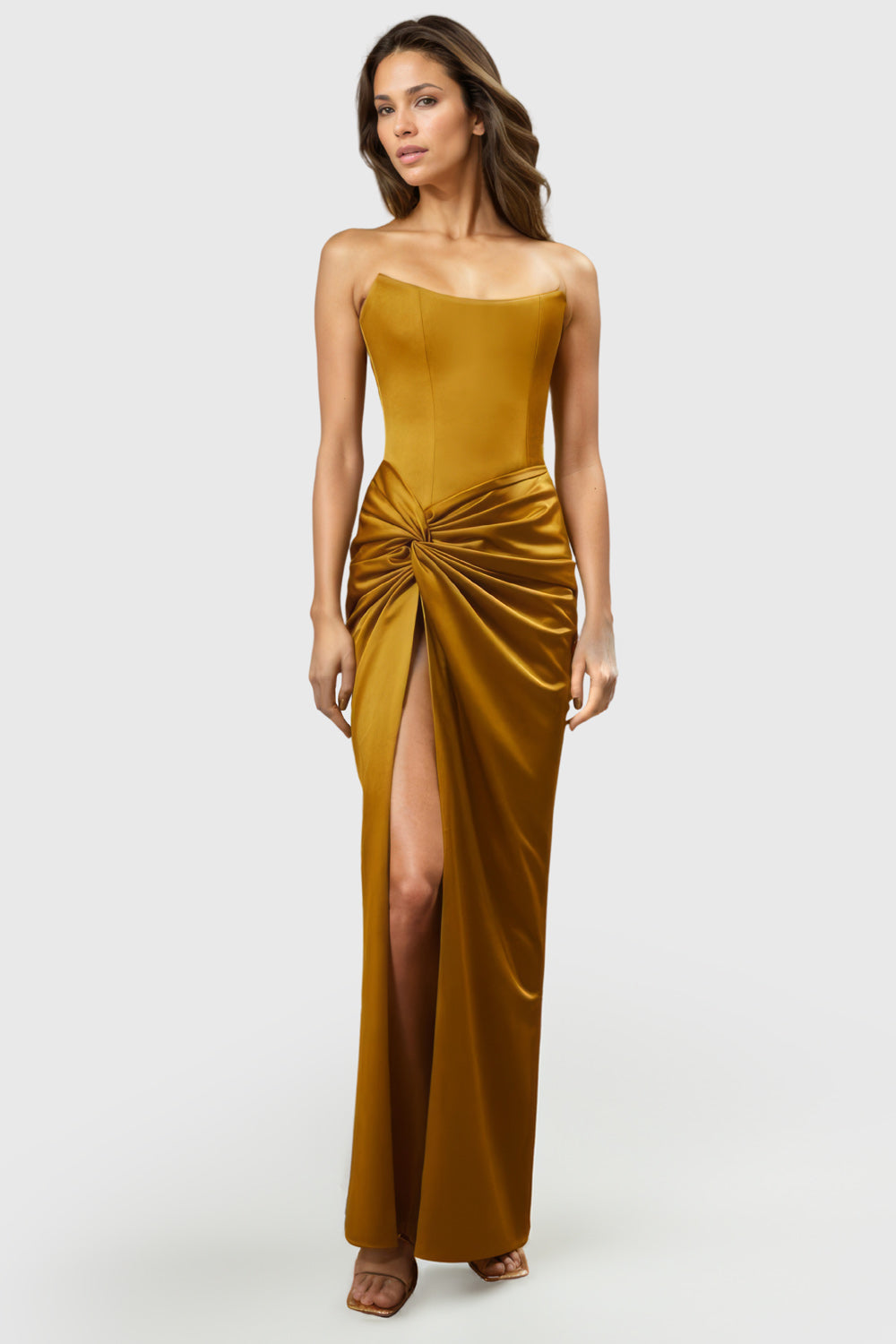 Satined Dress with High Slit - Yellow