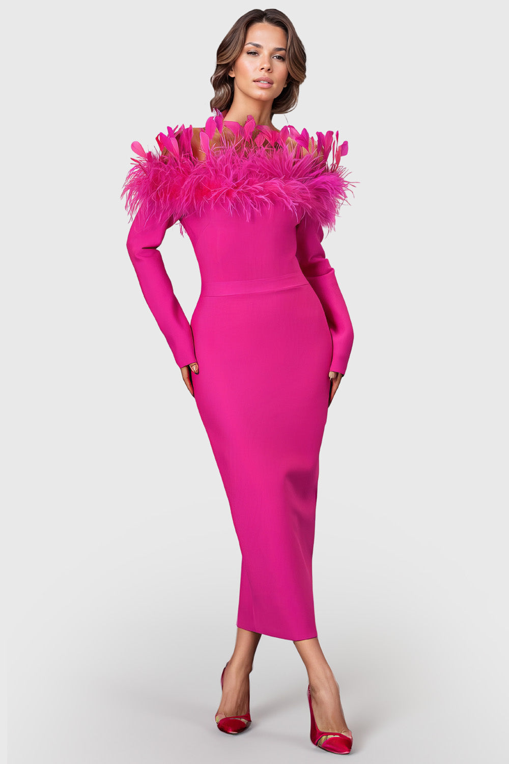 Fitted Midi Dress with Feathers - Fuchsia