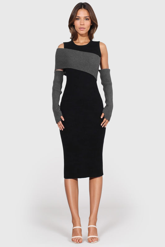 Fitted Midi Dress with Knitted Details - Black