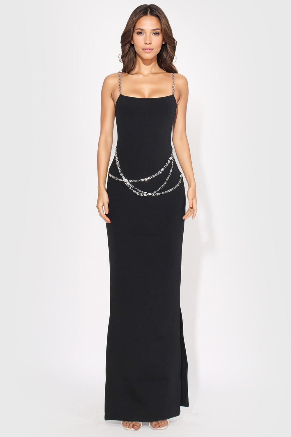 Fitted Midi Dress with Waist Chains - Black