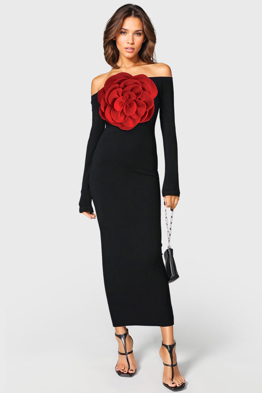 Robe longue à épaules dénudées avec rose - Noir