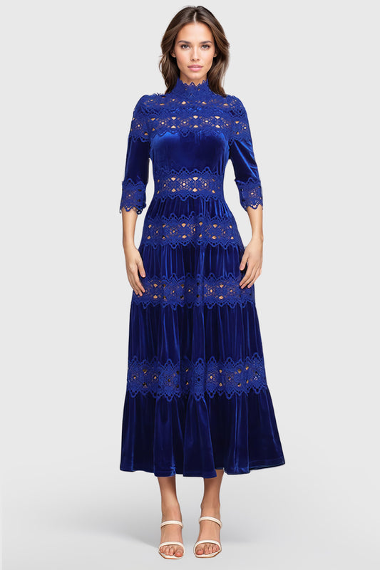 Half Sleeve Maxi Dress with Lace Details - Blue