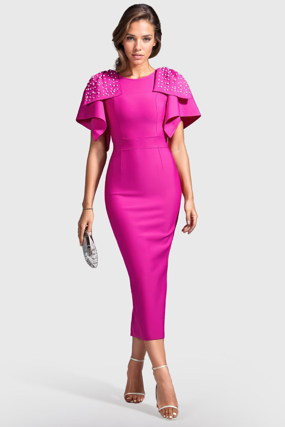 Bodycon Midi Dress with Ruffled Short Sleeves - Fuchsia