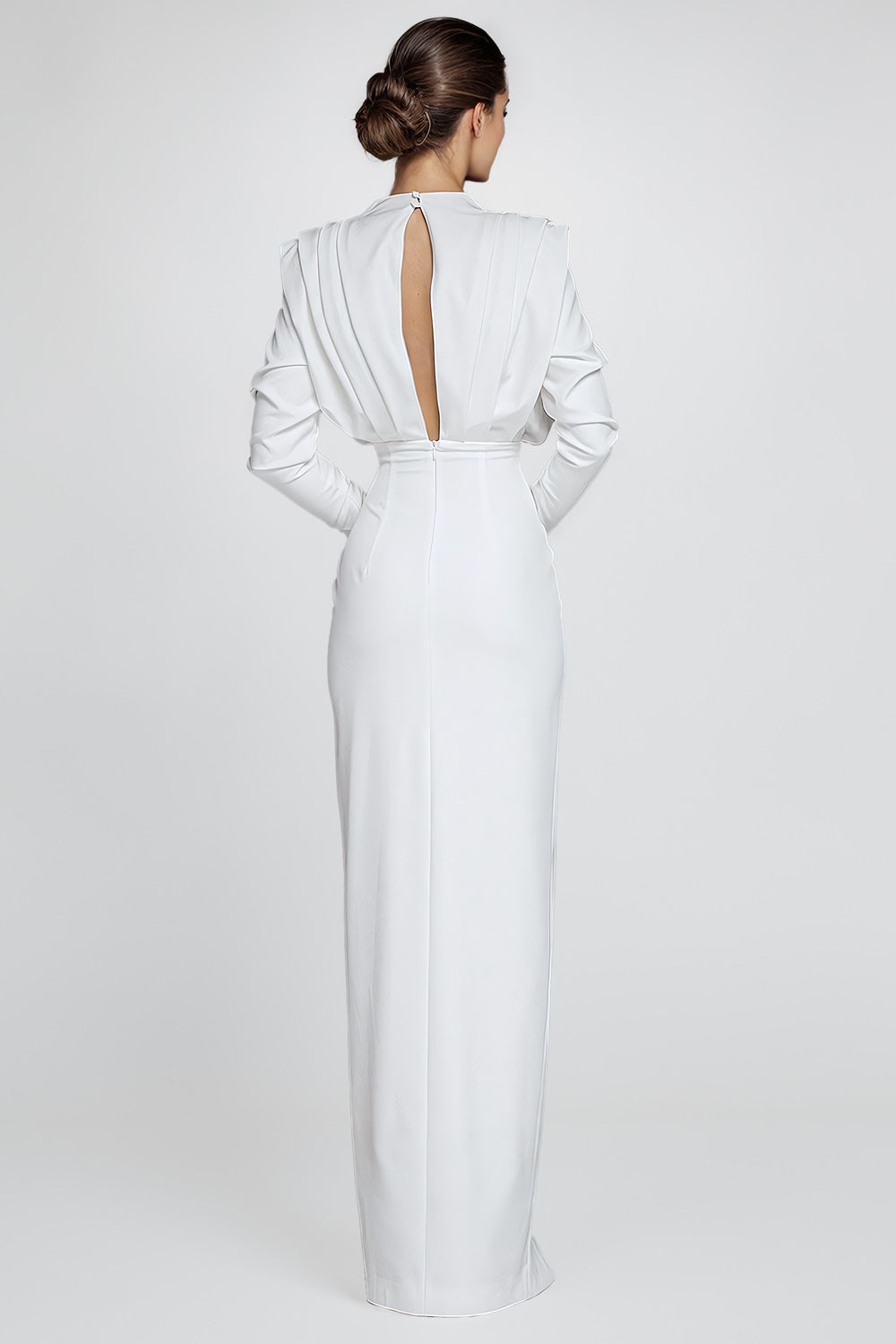 Sophisticated Long-Sleeve Maxi Dress with High Slit - White