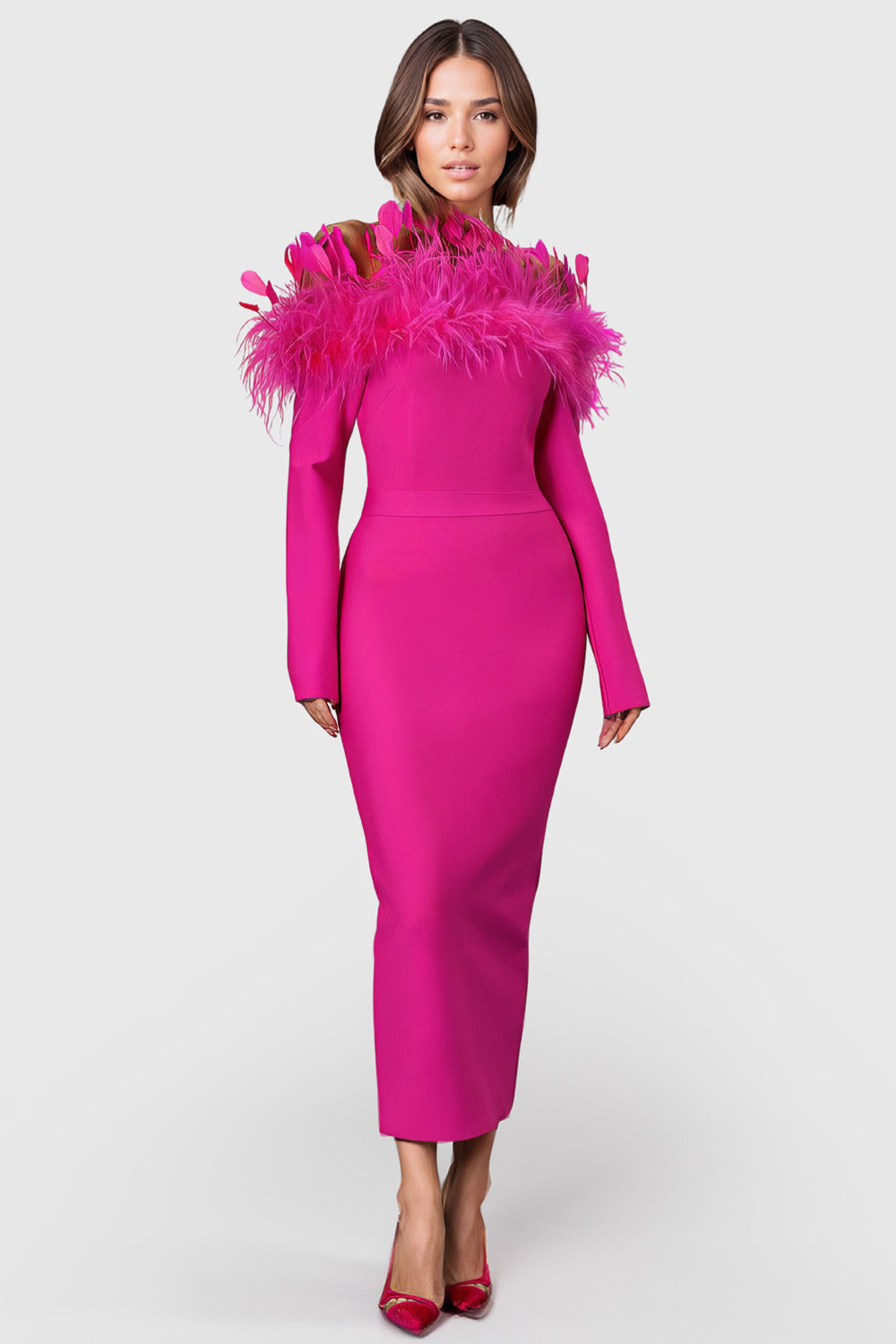 Fitted Midi Dress with Feathers - Fuchsia