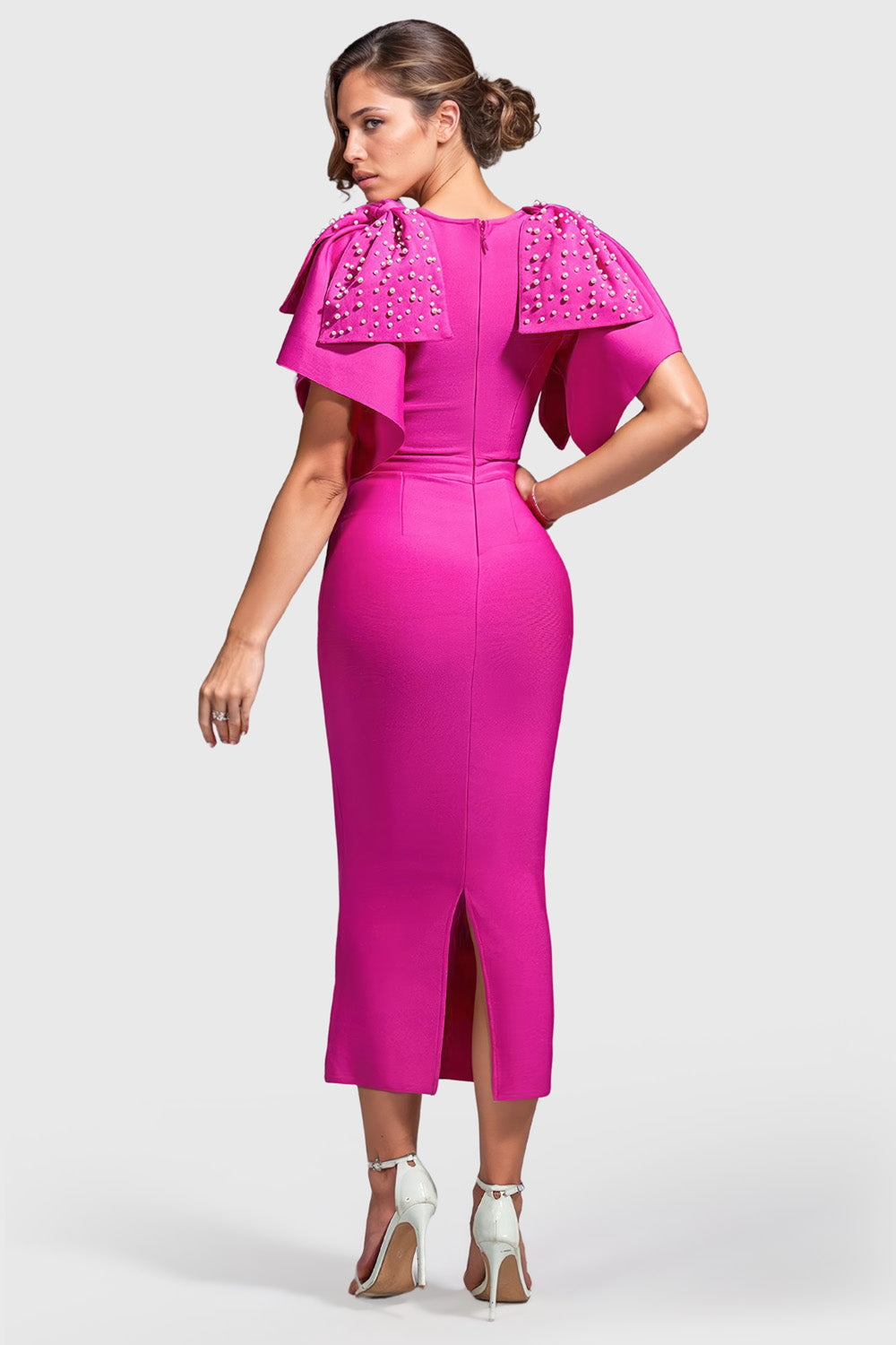 Bodycon Midi Dress with Ruffled Short Sleeves - Fuchsia