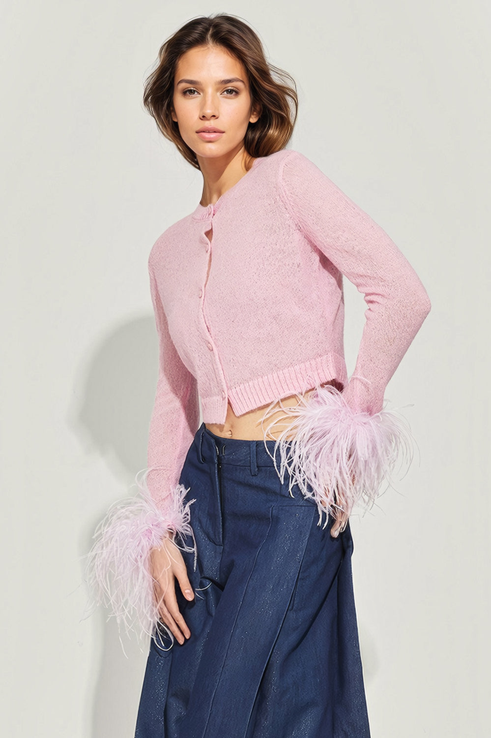 Short Cardigan with Feathered Cuffs - Pink