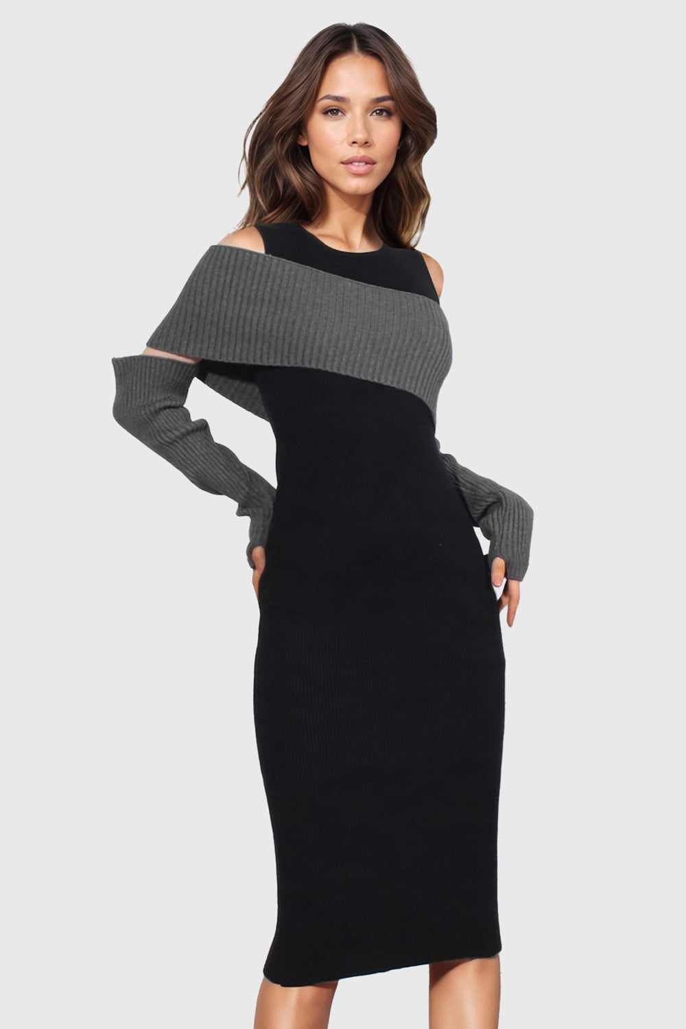 Fitted Midi Dress with Knitted Details - Black