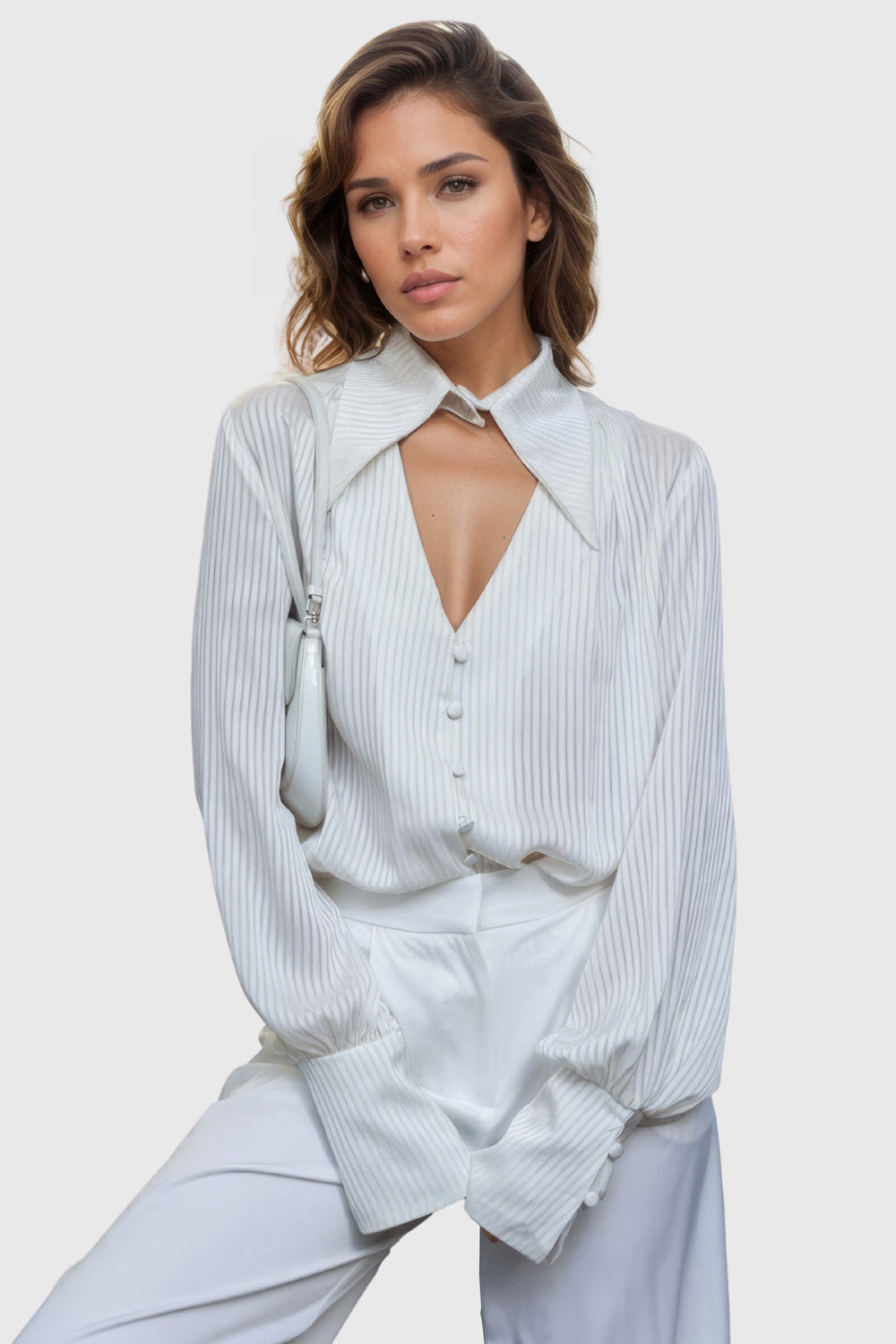 Striped Shirt with Collar and Front V Cut - White