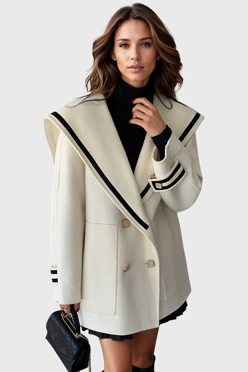 Double Breasted Long Sleeve Coat with Wide Collar - Beige