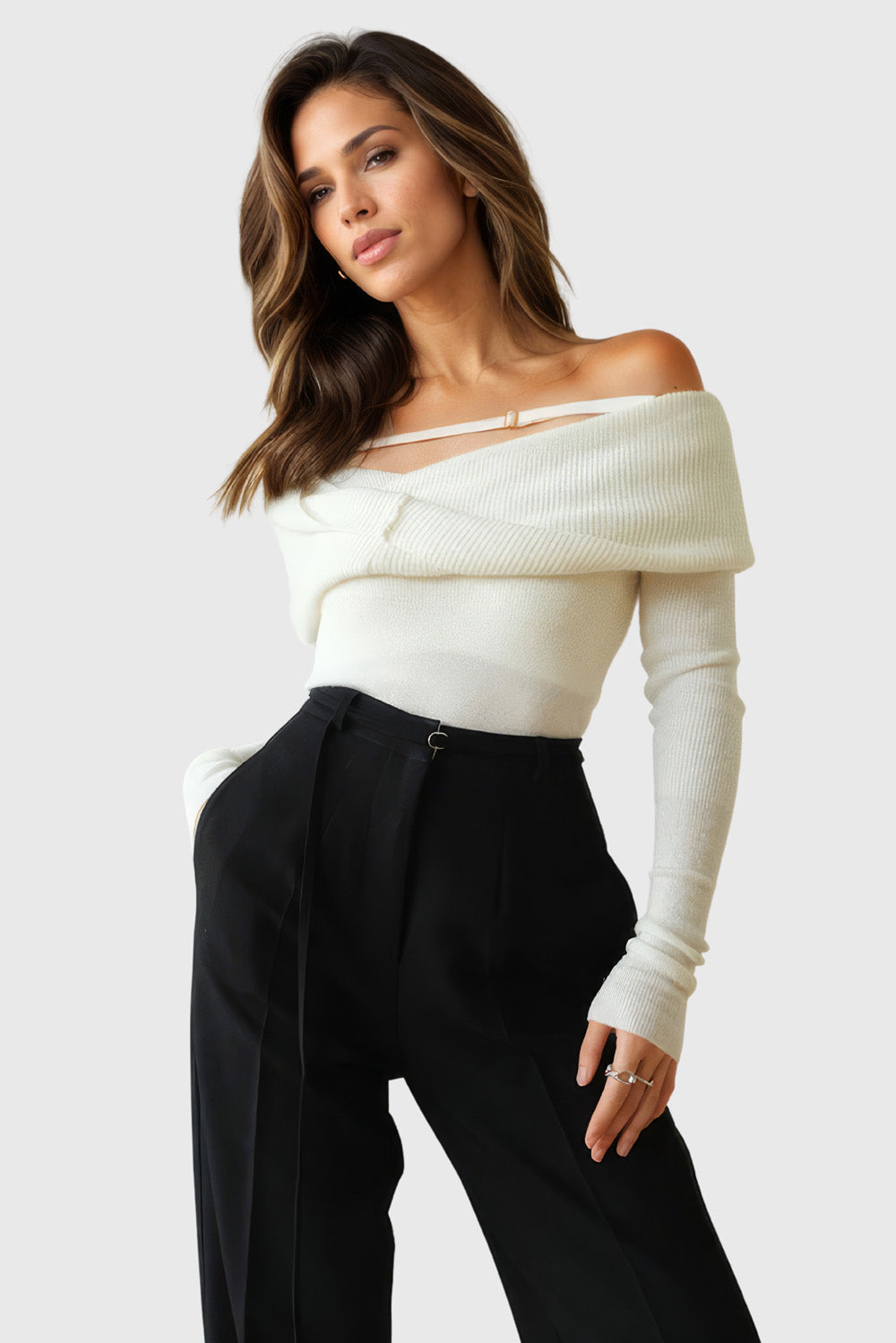 Knitted Long Sleeve Top with Front Cut - Beige