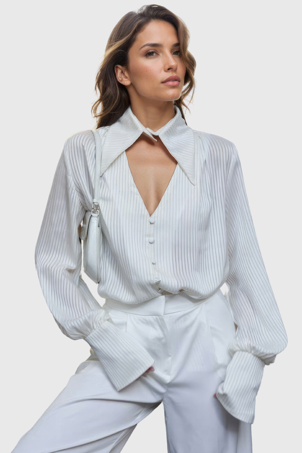 Striped Shirt with Collar and Front V Cut - White