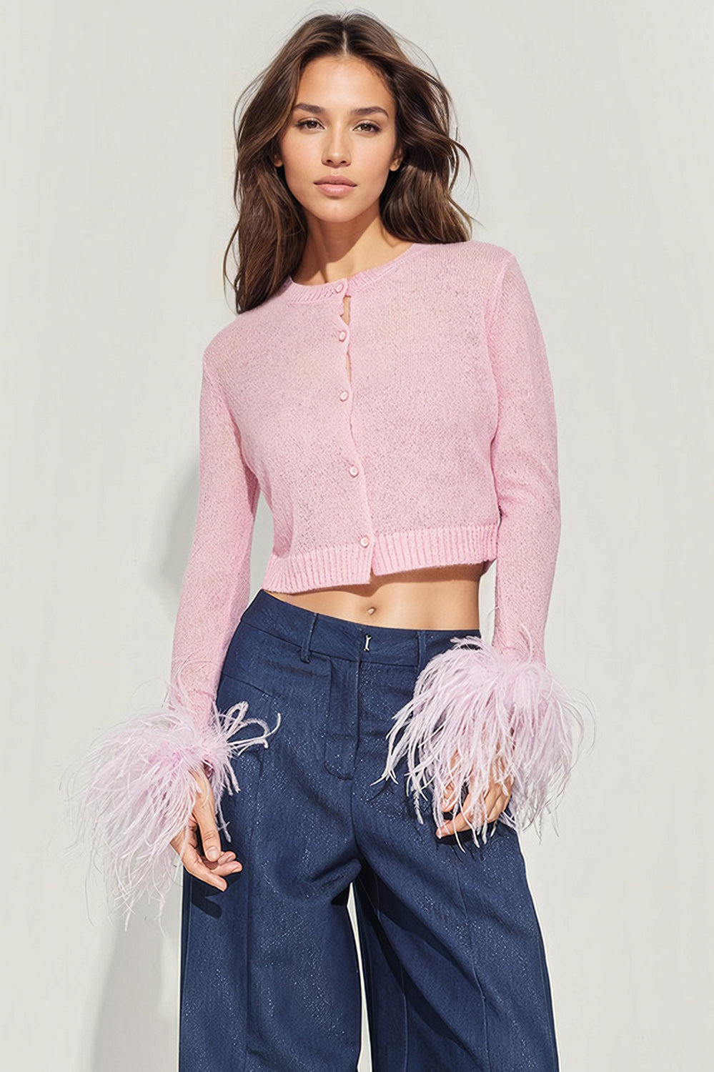 Short Cardigan with Feathered Cuffs - Pink