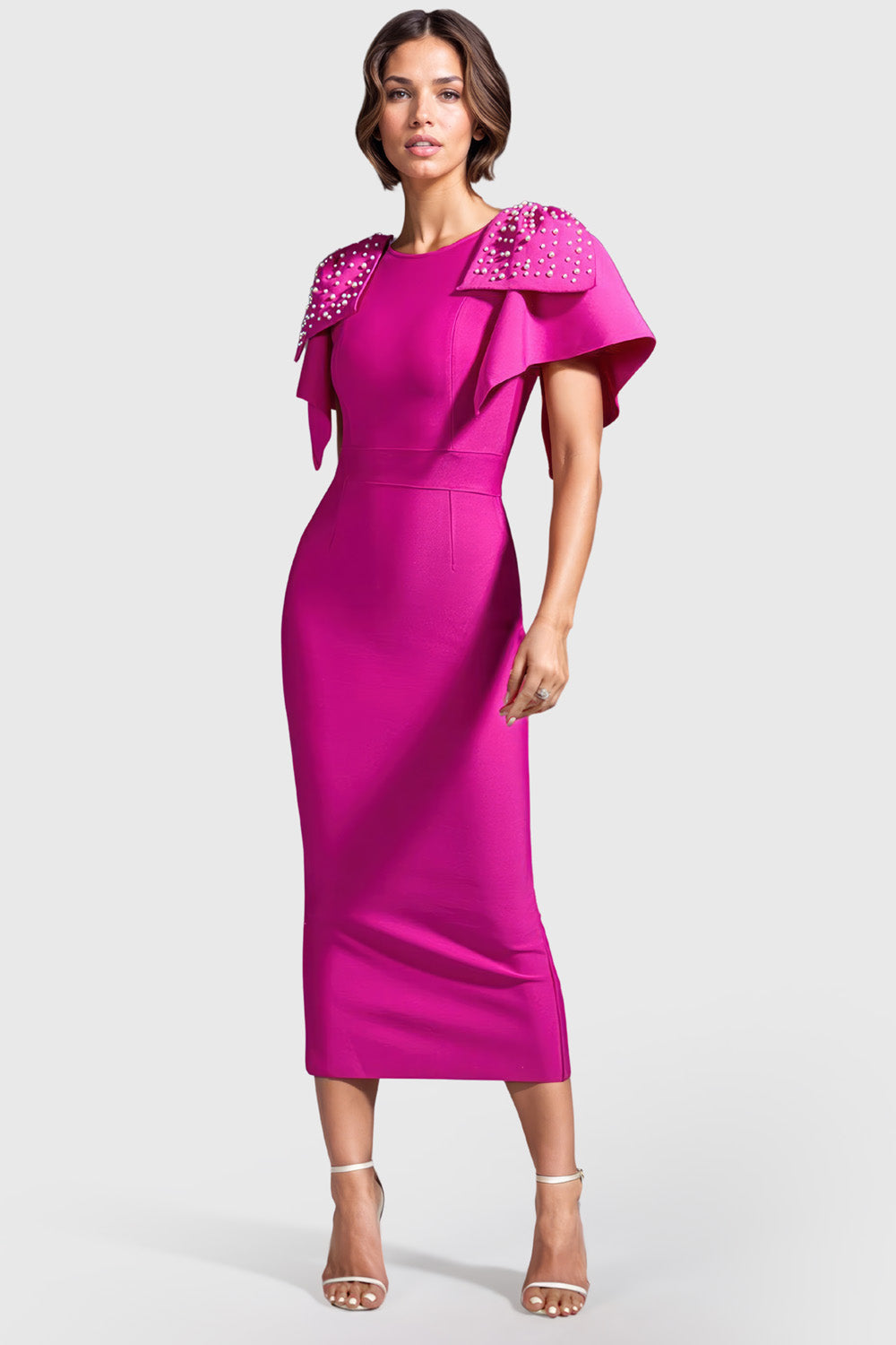 Bodycon Midi Dress with Ruffled Short Sleeves - Fuchsia