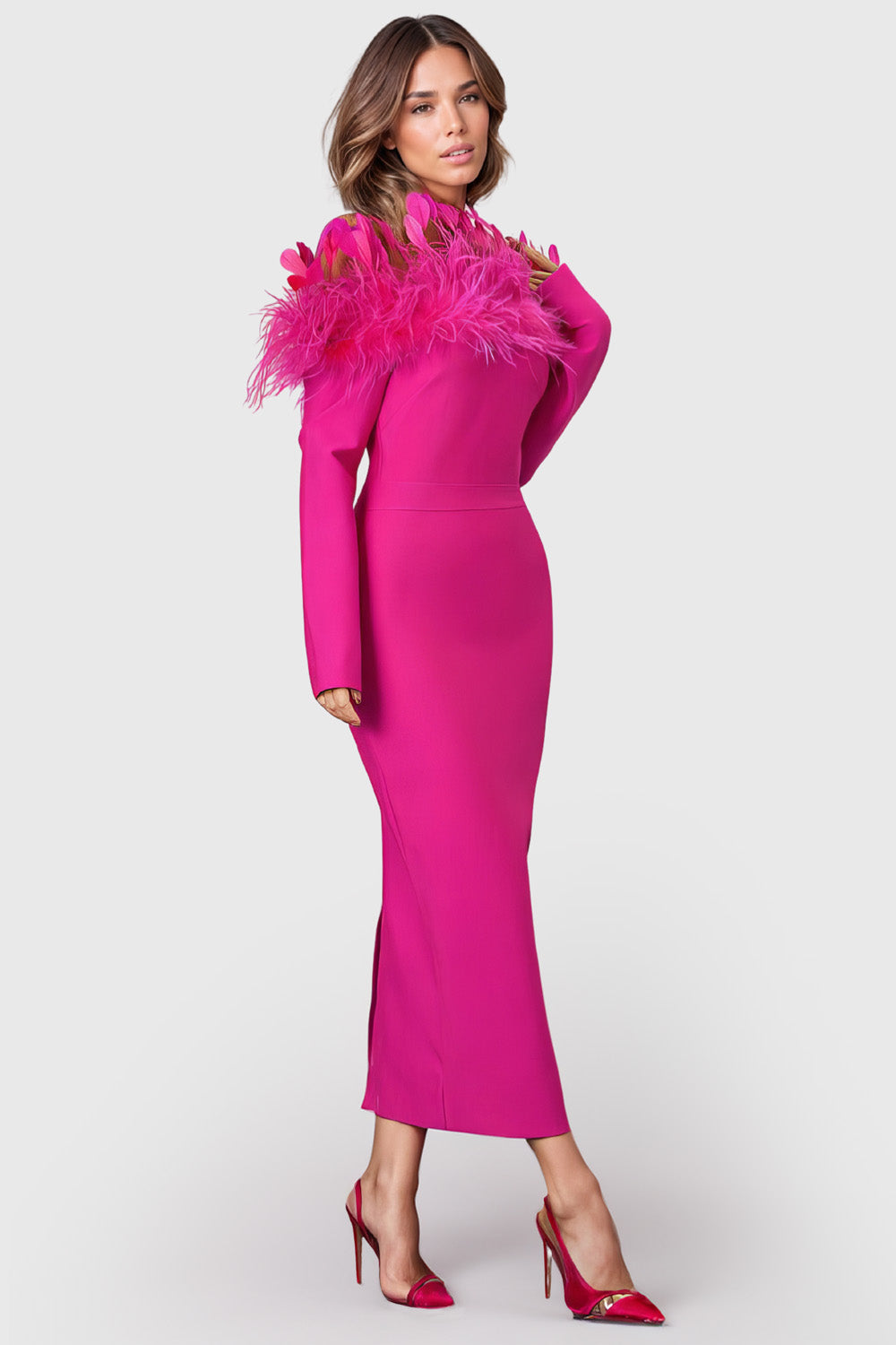 Fitted Midi Dress with Feathers - Fuchsia