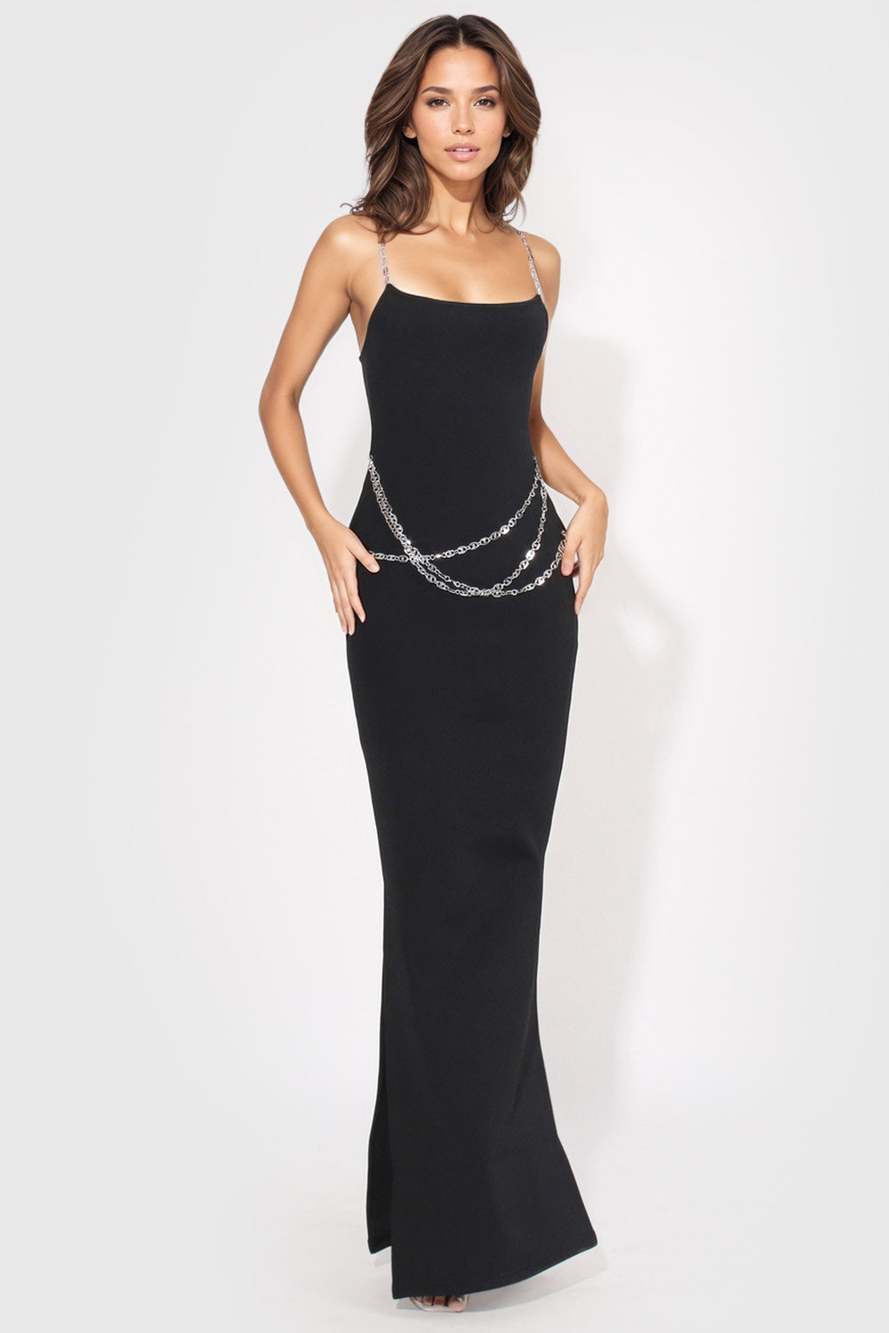 Fitted Midi Dress with Waist Chains - Black