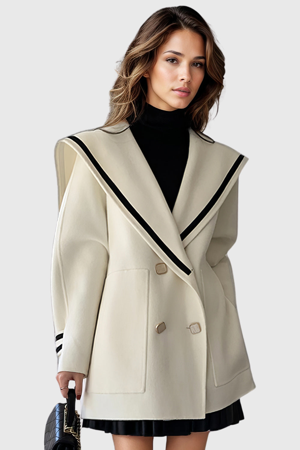 Double Breasted Long Sleeve Coat with Wide Collar - Beige