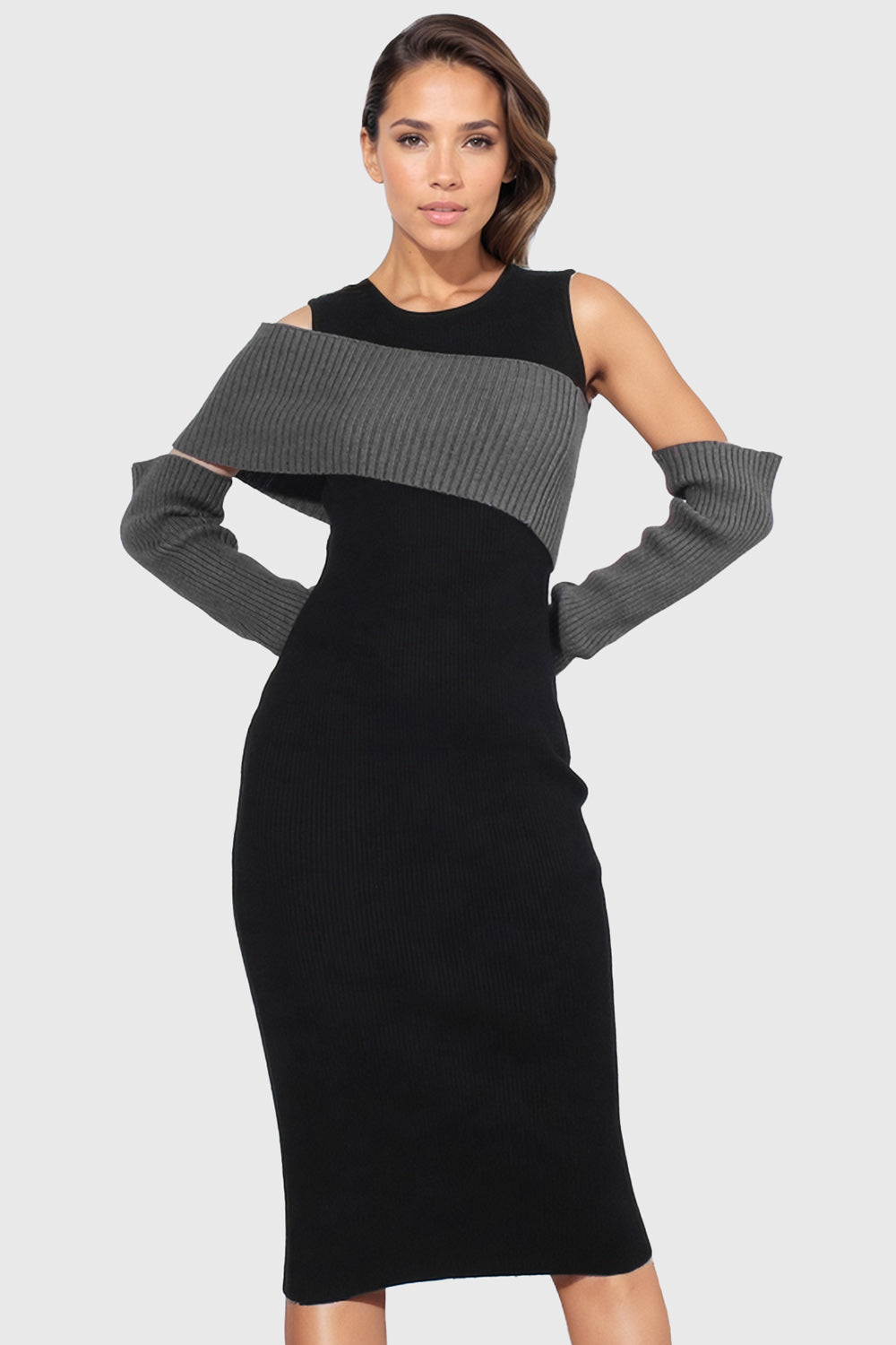 Fitted Midi Dress with Knitted Details - Black