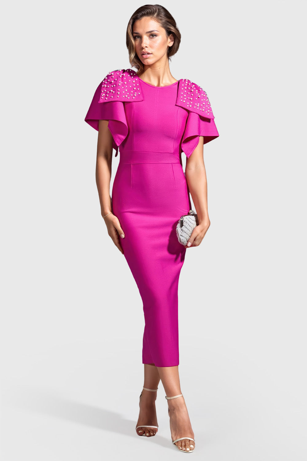 Bodycon Midi Dress with Ruffled Short Sleeves - Fuchsia