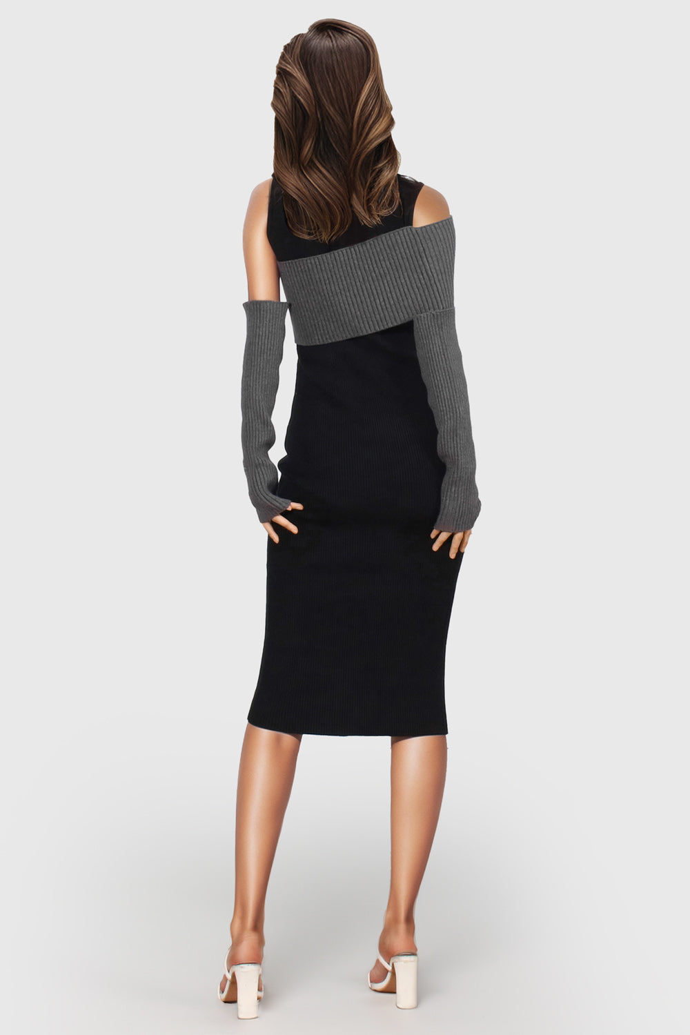 Fitted Midi Dress with Knitted Details - Black