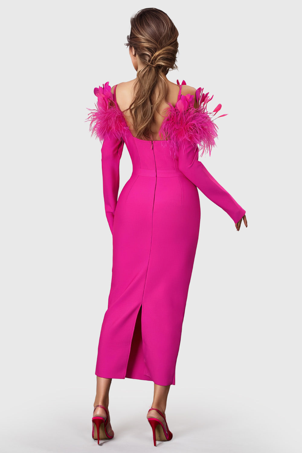 Fitted Midi Dress with Feathers - Fuchsia