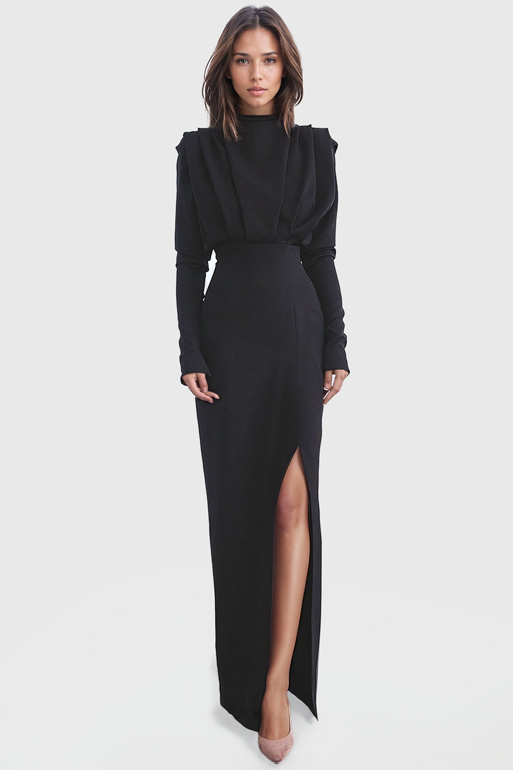 Sophisticated Long-Sleeve Maxi Dress with High Slit - Black