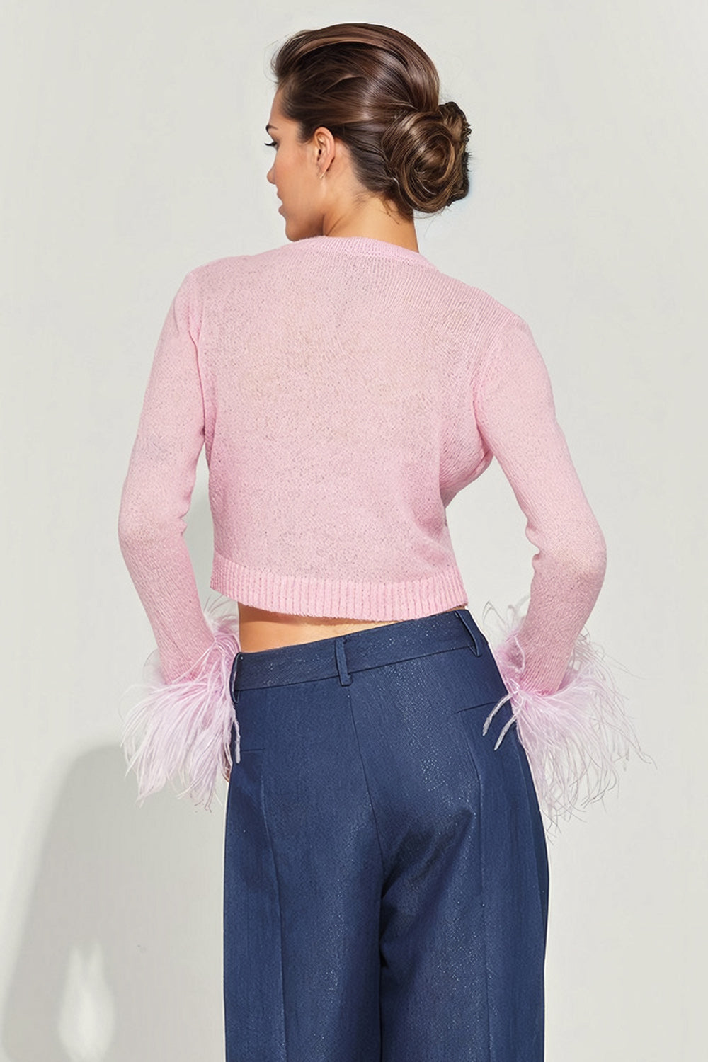 Short Cardigan with Feathered Cuffs - Pink