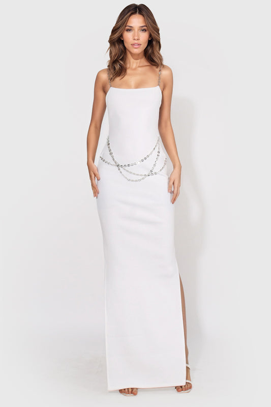 Fitted Midi Dress with Waist Chains - White