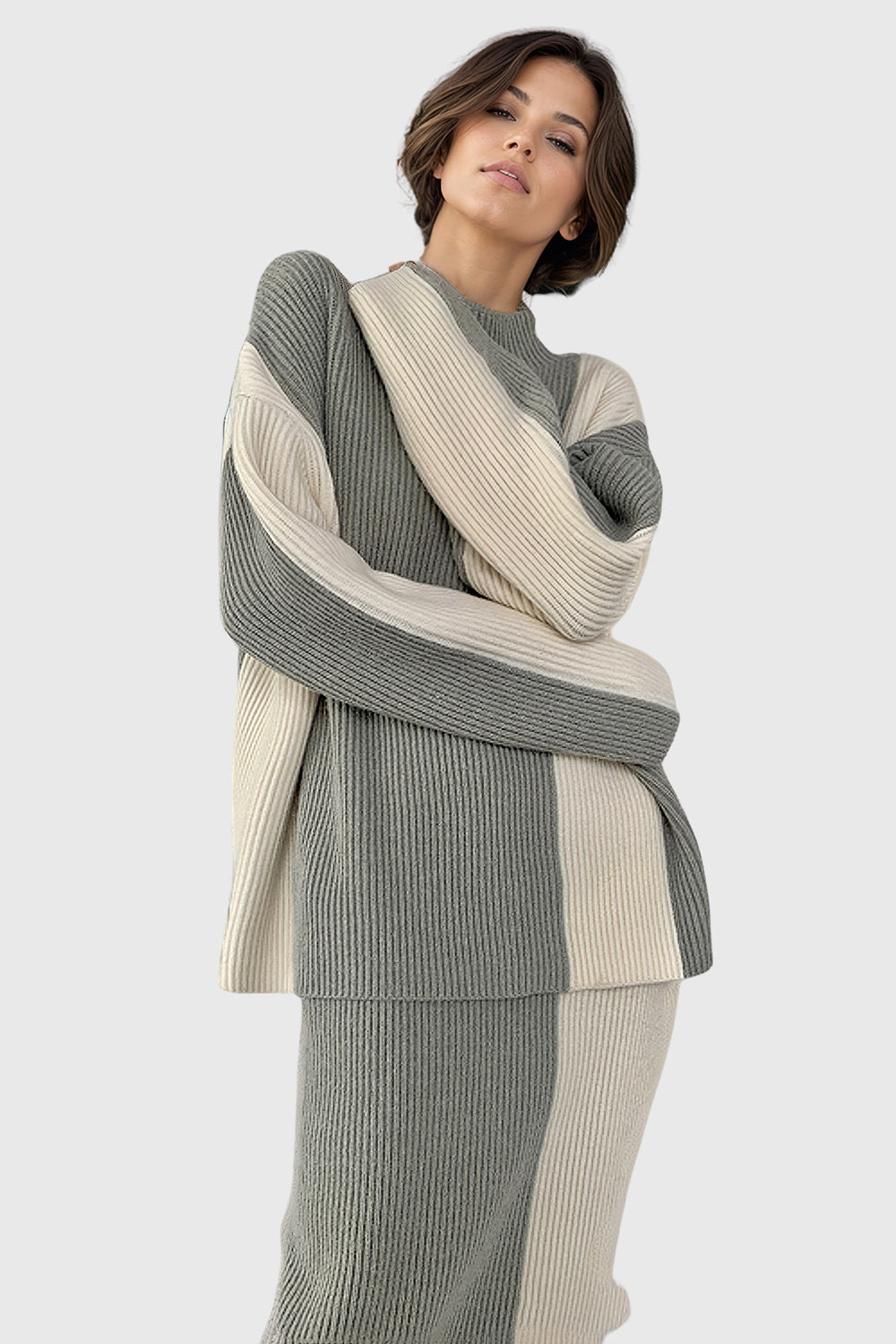 Knitted Striped 2-Piece Set - Grey